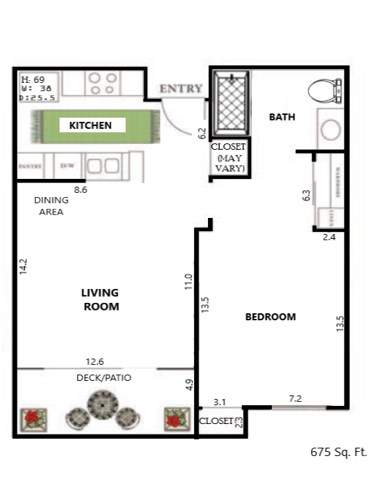Floor plan for 1 bed, 1 bath, 675 sqft